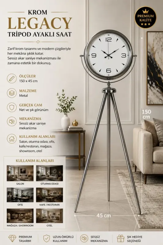 Krom Metal Ayaklı Tripod Saat 150 x 45 cm · Model AS-4050KK