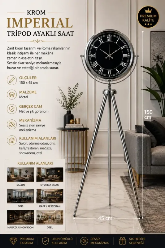 Krom Metal Ayaklı Tripod Saat 150 x 45 cm · Model AS-4051KK