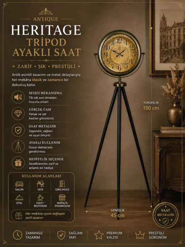 Eskitme Metal Ayaklı Tripod Saat 150 x 45 cm · Model AS-4015E