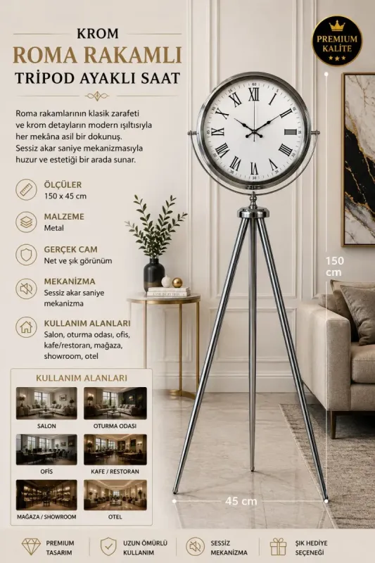 Roma Rakamlı Krom Metal Ayaklı Tripod Saat 150 x 45 cm · Model AS-4054KK
