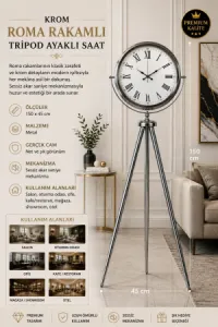 Roma Rakamlı Krom Metal Ayaklı Tripod Saat 150 x 45 cm · Model AS-4054KK