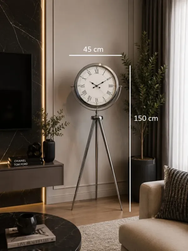 Krom Metal Ayaklı Tripod Saat 150 x 45 cm · Model AS-4055KK