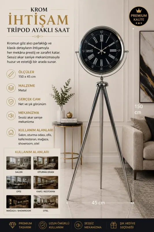 Krom Metal Ayaklı Tripod Saat 150 x 45 cm · Model AS-4059KK