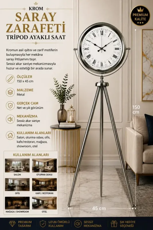 Krom Metal Ayaklı Tripod Saat 150 x 45 cm · Model AS-4063KK