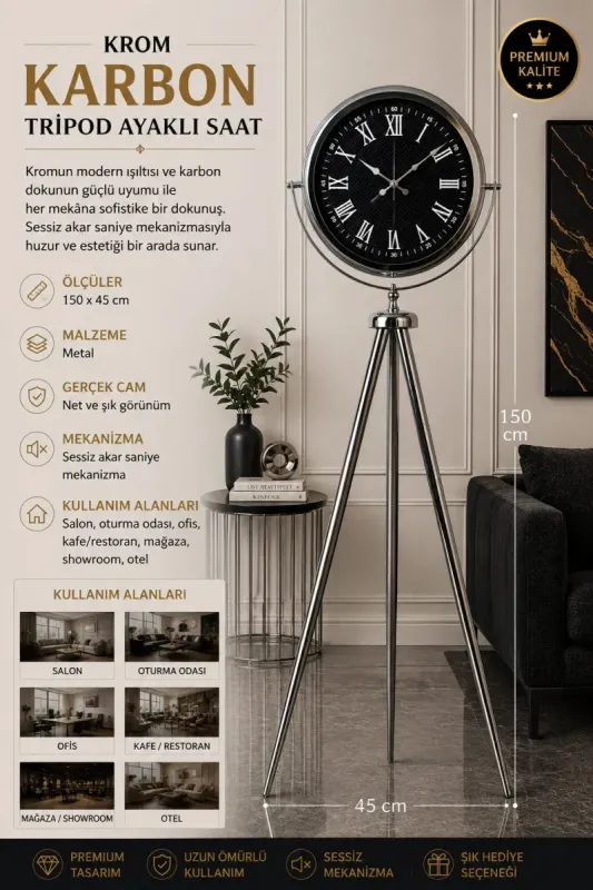 Krom Metal Ayaklı Tripod Saat 150 x 45 cm · Model AS-4090KK