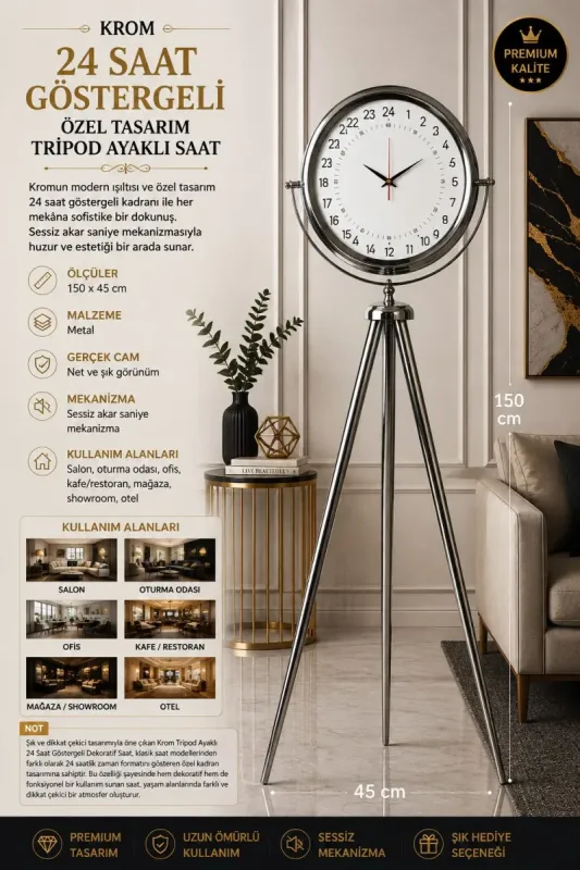 Göstergeli Krom Metal Ayaklı Tripod Saat 150 x 45 cm · Model AS-4097KK
