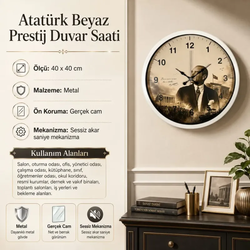 Beyaz Metal Duvar Saati 40 cm · Model 40112W