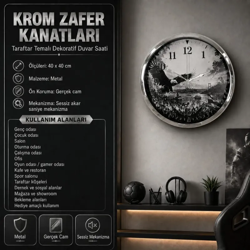 Krom Metal Duvar Saati 40 cm · Model 40127K