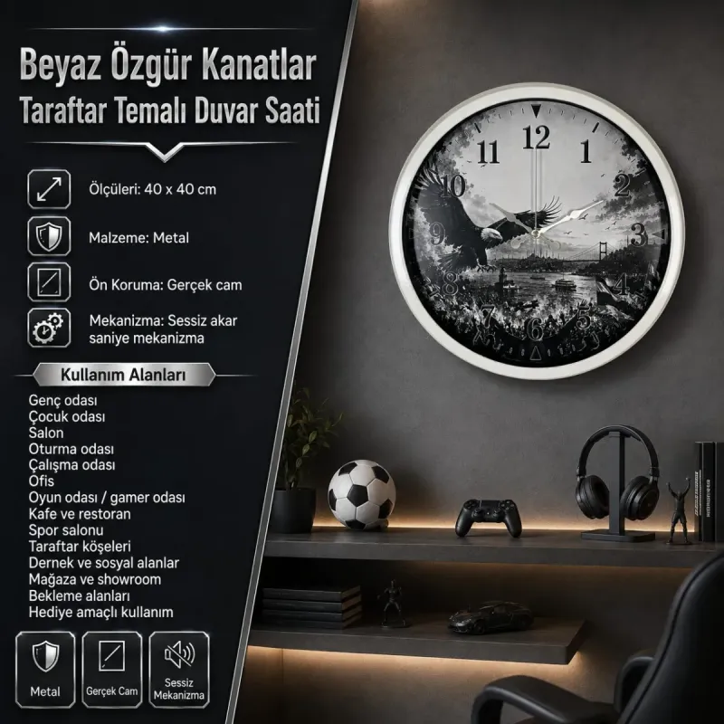 Beyaz Metal Duvar Saati 40 cm · Model 40127W