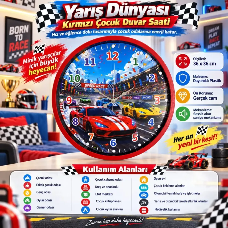 Çocuk Odası Kırmızı Plastik Duvar Saati 36 cm · Model PP-36131R