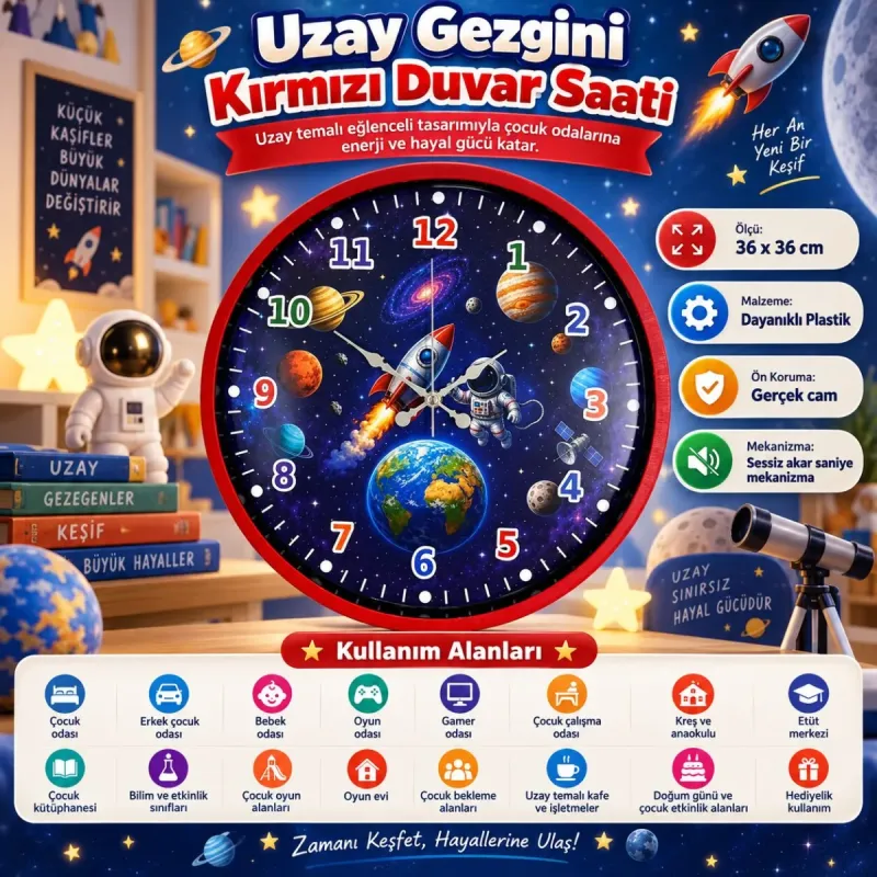 Çocuk Odası Kırmızı Plastik Duvar Saati 36 cm · Model PP-36133R