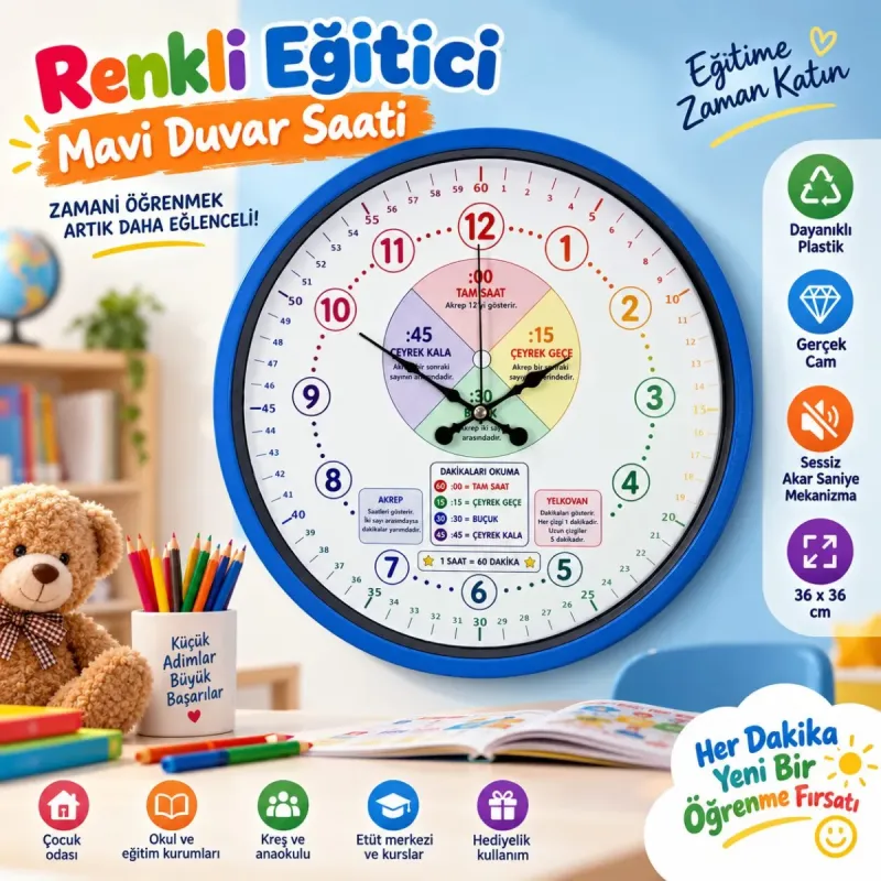 Çocuk Odası Mavi Plastik Duvar Saati 36 cm · Model PP-36130M