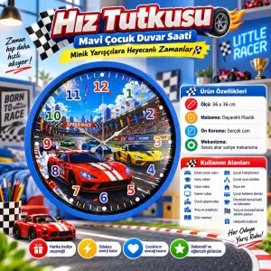 Çocuk Odası Mavi Plastik Duvar Saati 36 cm · Model PP-36131M