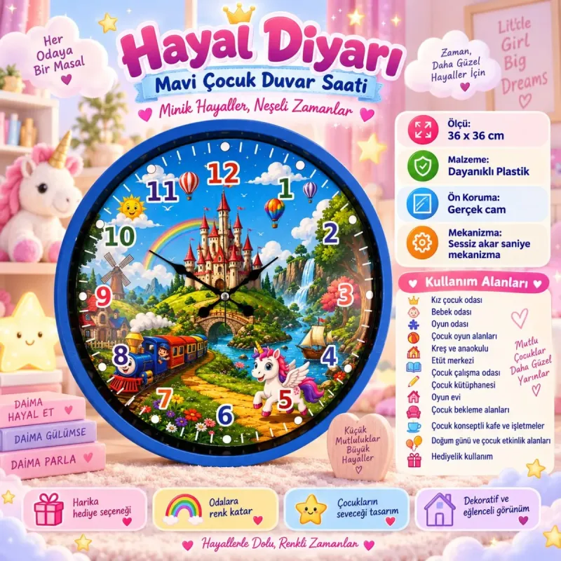 Çocuk Odası 3D Yapıştırmalı Mavi Plastik Duvar Saati 36 cm · Model PP-36132M