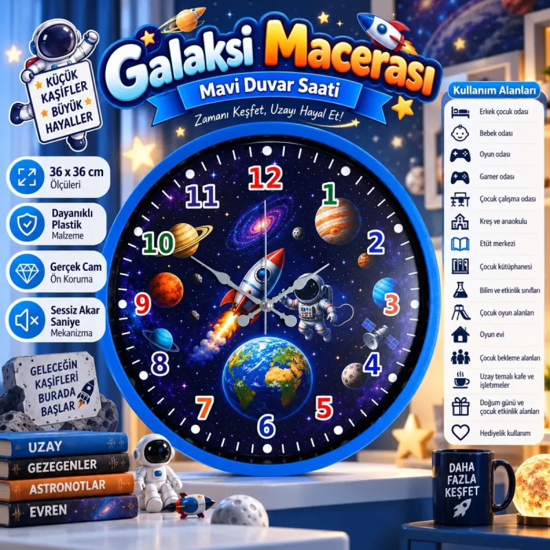 Çocuk Odası Mavi Plastik Duvar Saati 36 cm · Model PP-36133M