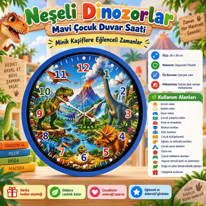 Çocuk Odası Mavi Plastik Duvar Saati 36 cm · Model PP-36136M
