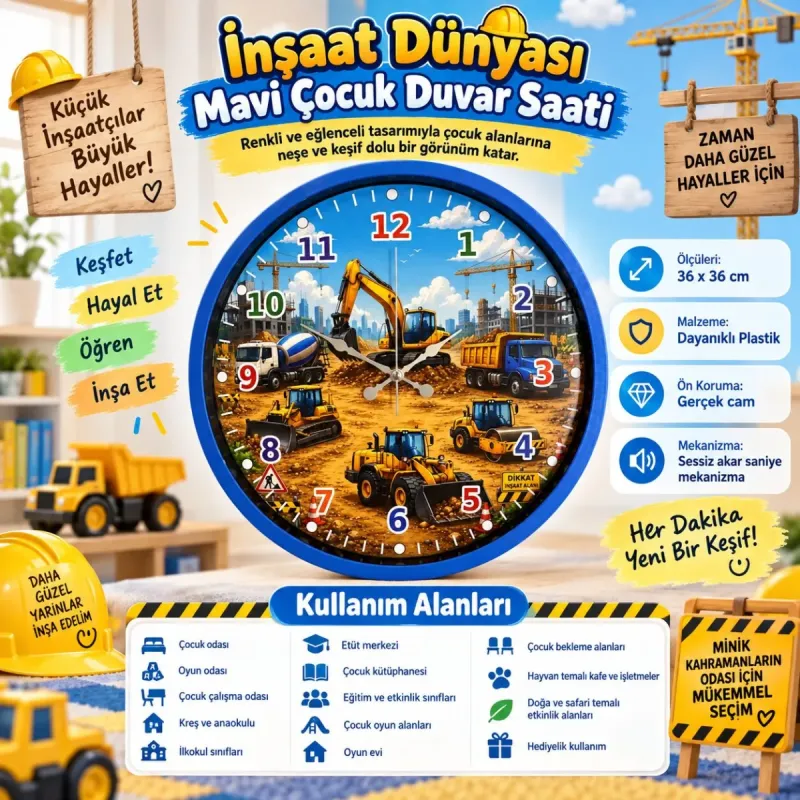Çocuk Odası Mavi Plastik Duvar Saati 36 cm · Model PP-36137M