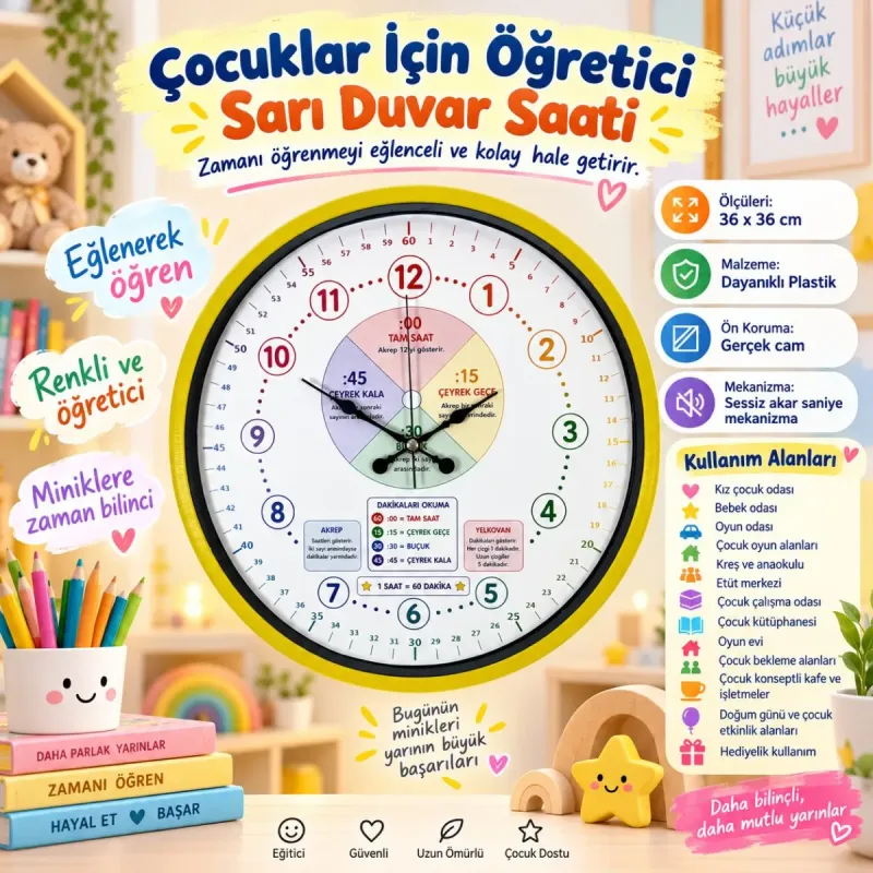 Çocuk Odası Sarı Plastik Duvar Saati 36 cm · Model PP-36130Y