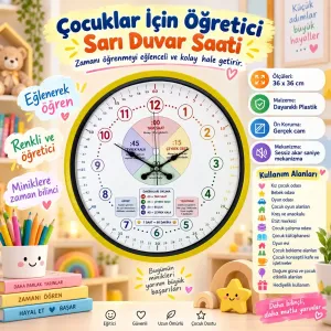 Çocuk Odası Sarı Plastik Duvar Saati 36 cm · Model PP-36130Y