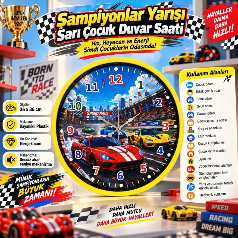 Çocuk Odası Sarı Plastik Duvar Saati 36 cm · Model PP-36131Y