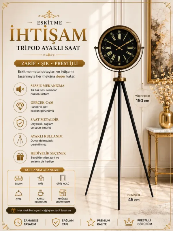 Eskitme Metal Ayaklı Tripod Saat 150 x 45 cm · Model AS-4058E