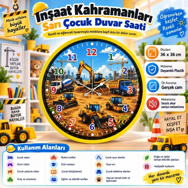 Çocuk Odası Sarı Plastik Duvar Saati 36 cm · Model PP-36137Y