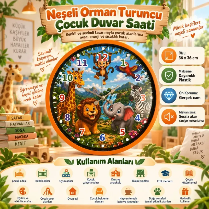 Çocuk Odası Turuncu Plastik Duvar Saati 36 cm · Model PP-36134O