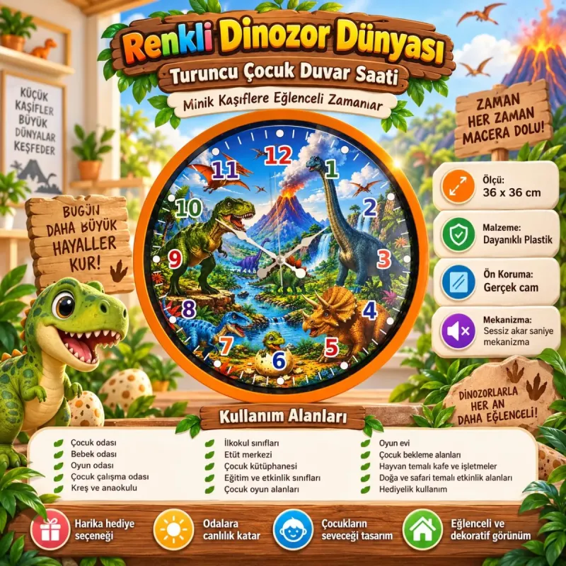 Çocuk Odası Turuncu Plastik Duvar Saati 36 cm · Model PP-36136O