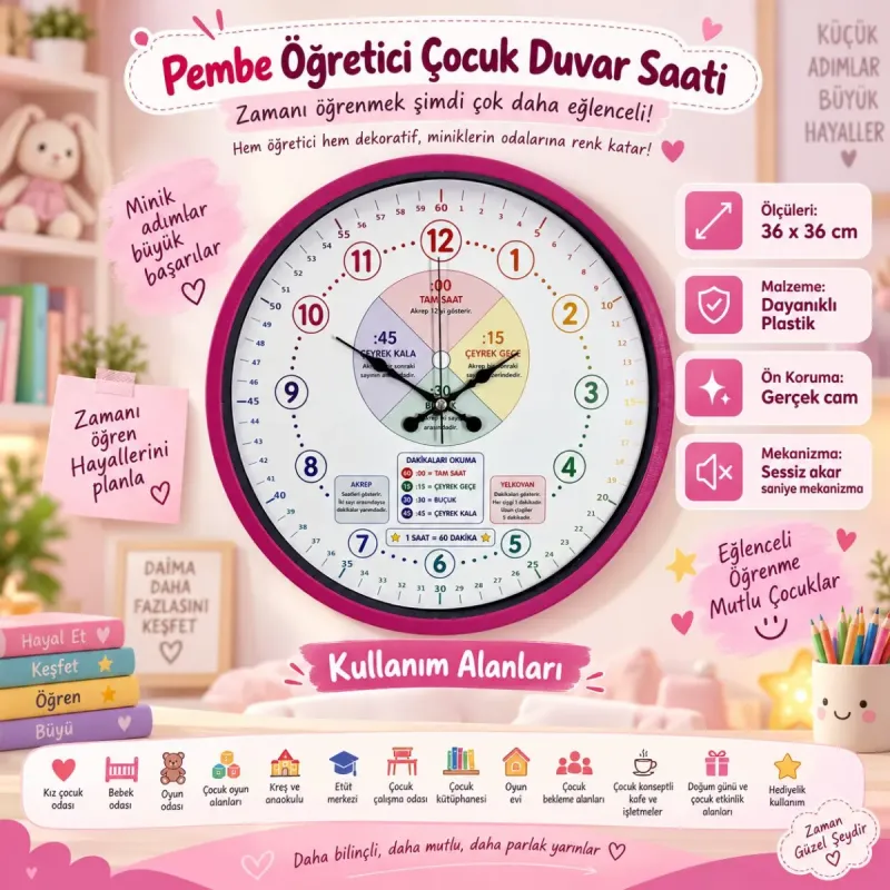 Çocuk Odası Pembe Plastik Duvar Saati 36 cm · Model PP-36130P