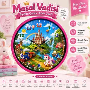 Çocuk Odası Pembe Plastik Duvar Saati 36 cm · Model PP-36132P