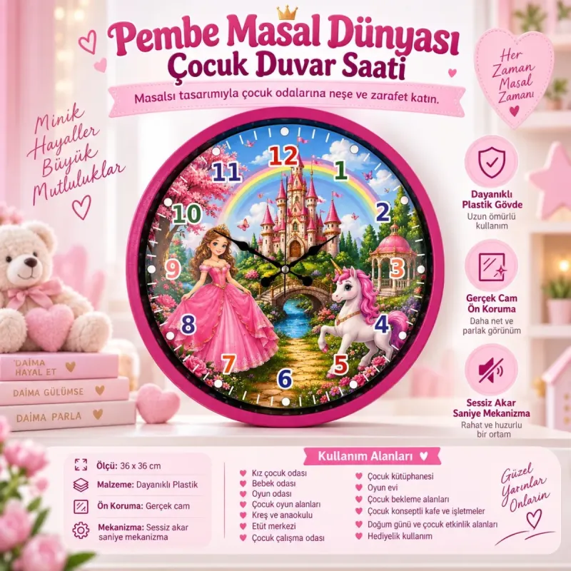 Çocuk Odası Pembe Plastik Duvar Saati 36 cm · Model PP-36135P