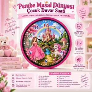 Çocuk Odası Pembe Plastik Duvar Saati 36 cm · Model PP-36135P