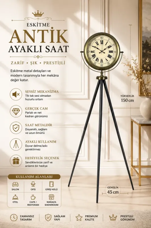 Eskitme Metal Ayaklı Tripod Saat 150 x 45 cm · Model AS-4065E