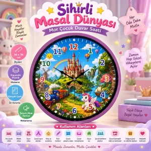 Çocuk Odası Mor Plastik Duvar Saati 36 cm · Model PP-36132Z