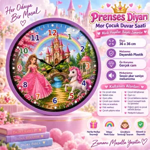 Çocuk Odası 3D Yapıştırmalı Mor Plastik Duvar Saati 36 cm · Model PP-36135Z