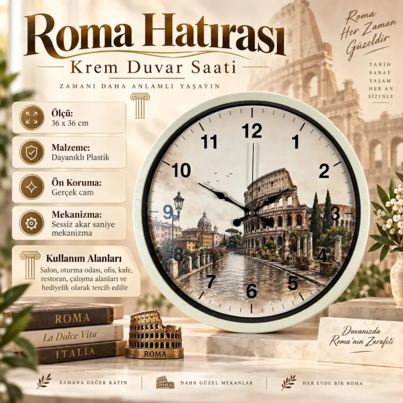 Roma Rakamlı Krem Plastik Duvar Saati 36 cm · Model PP-36106X