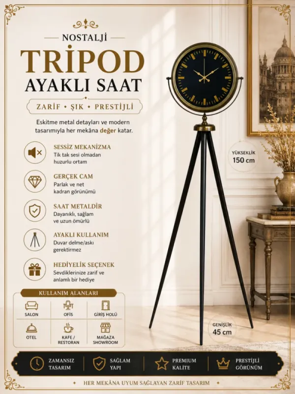 Eskitme Metal Ayaklı Tripod Saat 150 x 45 cm · Model AS-4088E