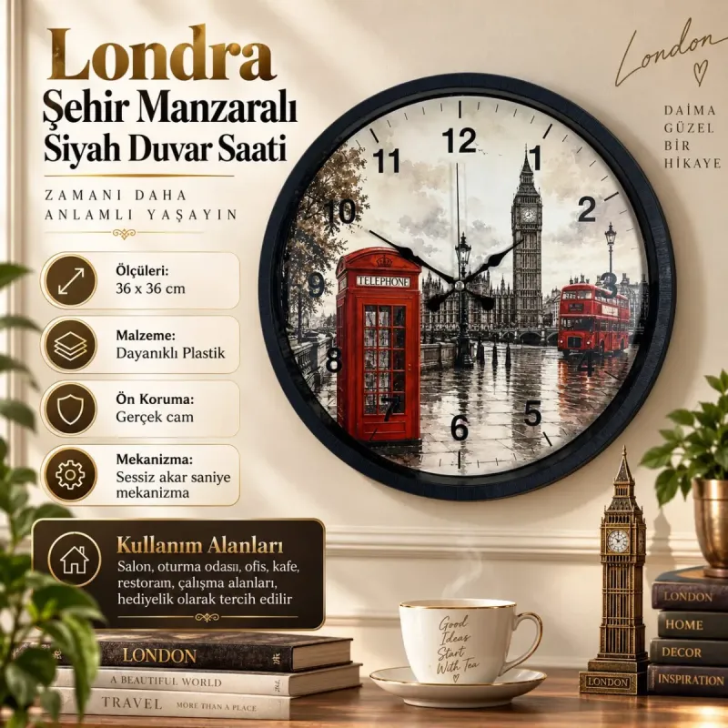 Siyah Plastik Duvar Saati 36 cm · Model PP-36103B