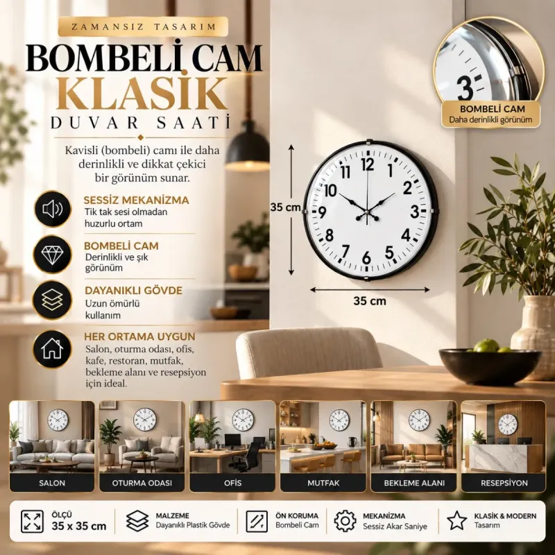 Bombeli Camlı Siyah Plastik Duvar Saati 35 cm · Model BM-3501