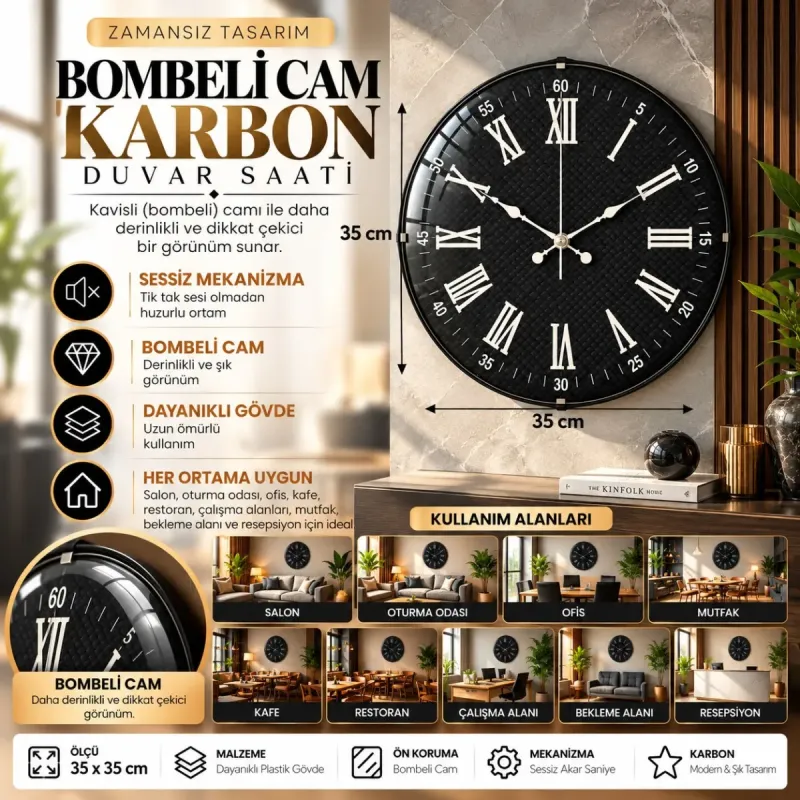 Roma Rakamlı Bombeli Camlı Siyah Plastik Duvar Saati 35 cm · Model BM-3590