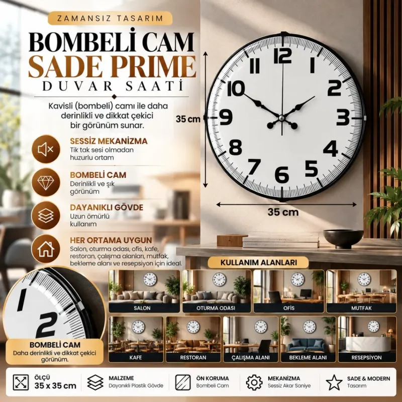Bombeli Camlı Beyaz Plastik Duvar Saati 35 cm · Model BM-3536