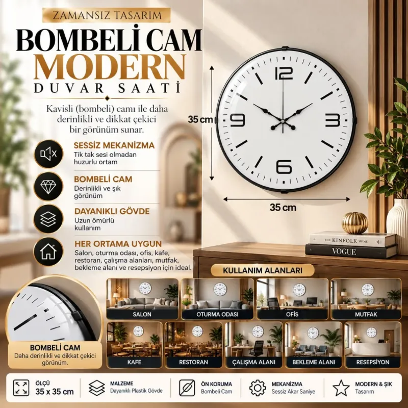 Bombeli Camlı Beyaz Plastik Duvar Saati 35 cm · Model BM-3508