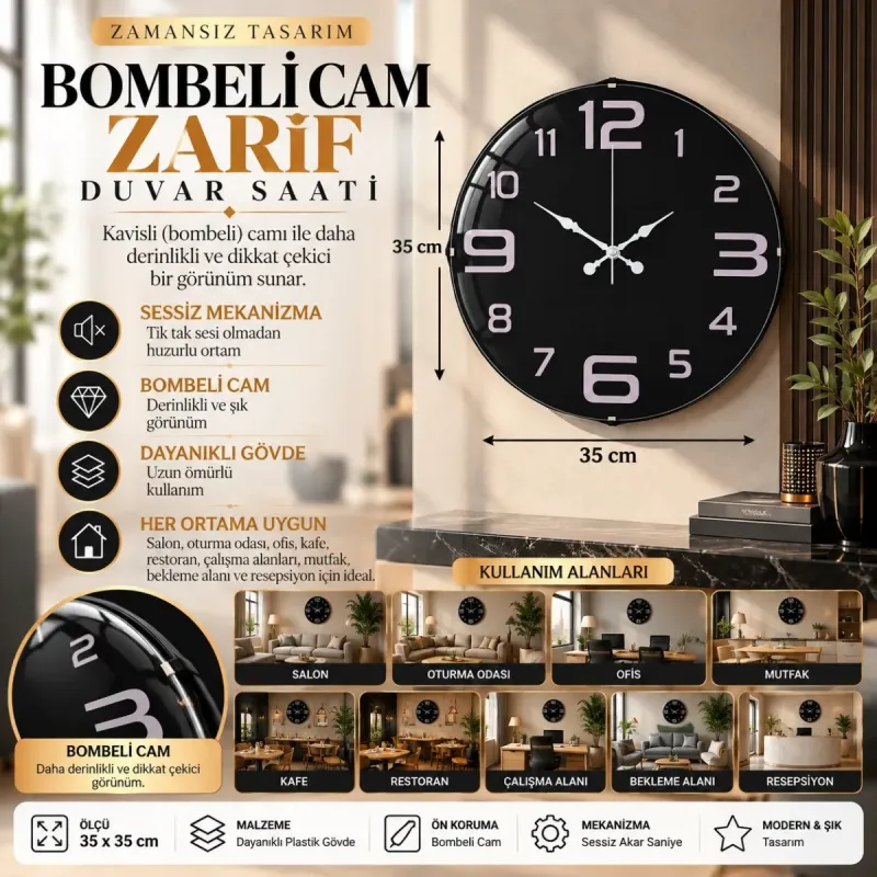 Bombeli Camlı Gri Plastik Duvar Saati 35 cm · Model BM-3509