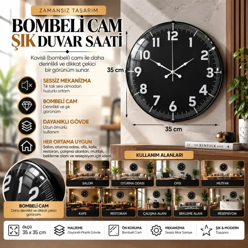 Bombeli Camlı Beyaz Plastik Duvar Saati 35 cm · Model BM-3537