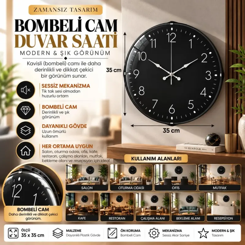 Bombeli Camlı Beyaz Plastik Duvar Saati 35 cm · Model BM-3547