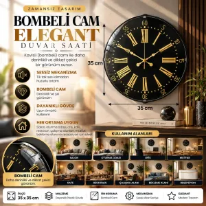 Roma Rakamlı Bombeli Camlı Gold Plastik Duvar Saati 35 cm · Model BM-3558