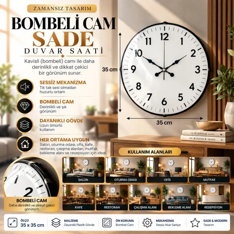 Bombeli Camlı Beyaz Plastik Duvar Saati 35 cm · Model BM-3542