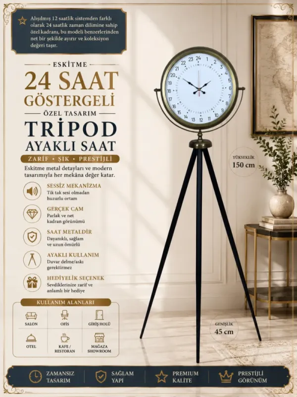 Göstergeli Eskitme Metal Ayaklı Tripod Saat 150 x 45 cm · Model AS-4097E