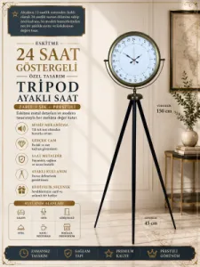 Göstergeli Eskitme Metal Ayaklı Tripod Saat 150 x 45 cm · Model AS-4097E