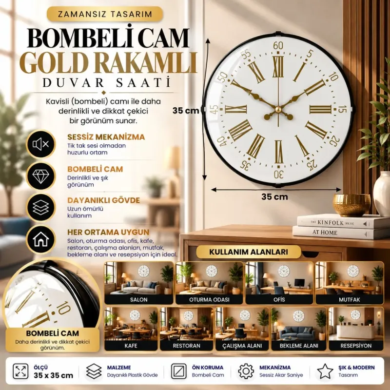 Roma Rakamlı Bombeli Camlı Beyaz Plastik Duvar Saati 35 cm · Model BM-3574